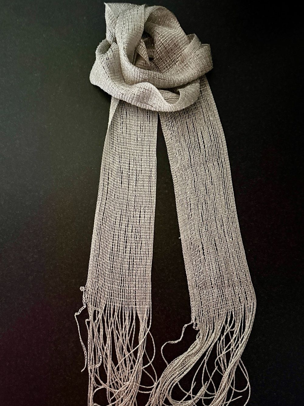 Silver Long Scarf with Fringe - Lightweight Metallic Knit - Picture 5 of 9
